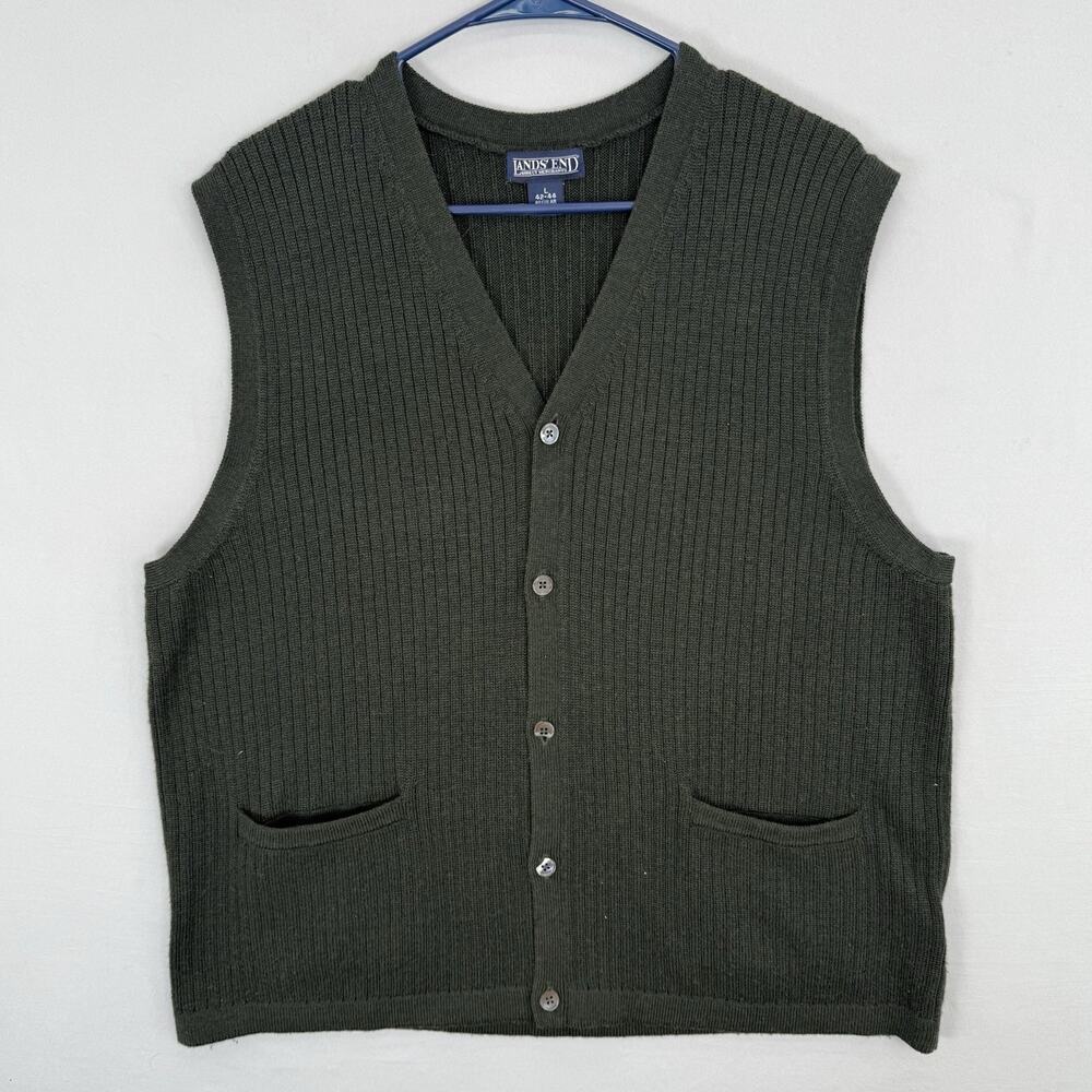 Vintage Lands End 100% Wool Sweater Vest Mens Large Olive Gray Preppy Academia